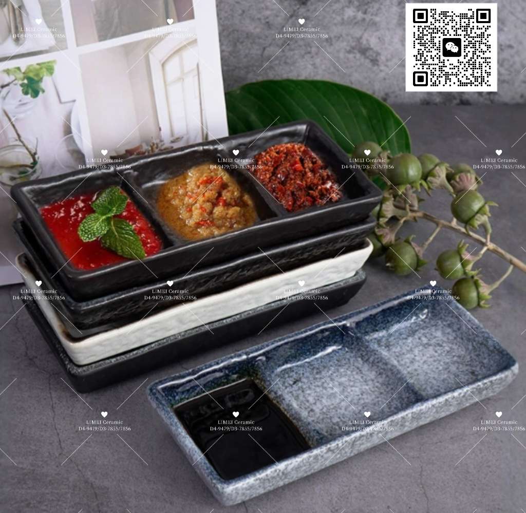 Limei Ceramic Creative Japanese tableware three-compartment plate, hot pot dipping sauce plate, multi-purpose simple seasoning plate