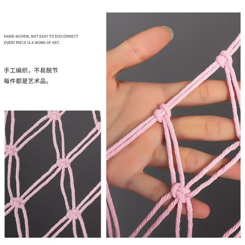 Hand-woven pink doll net bag with wooden beads, Nordic-style cotton rope decorative storage bag, children's room plush doll storage, wall decoration, home soft decoration, practical and beautiful good item Specification image