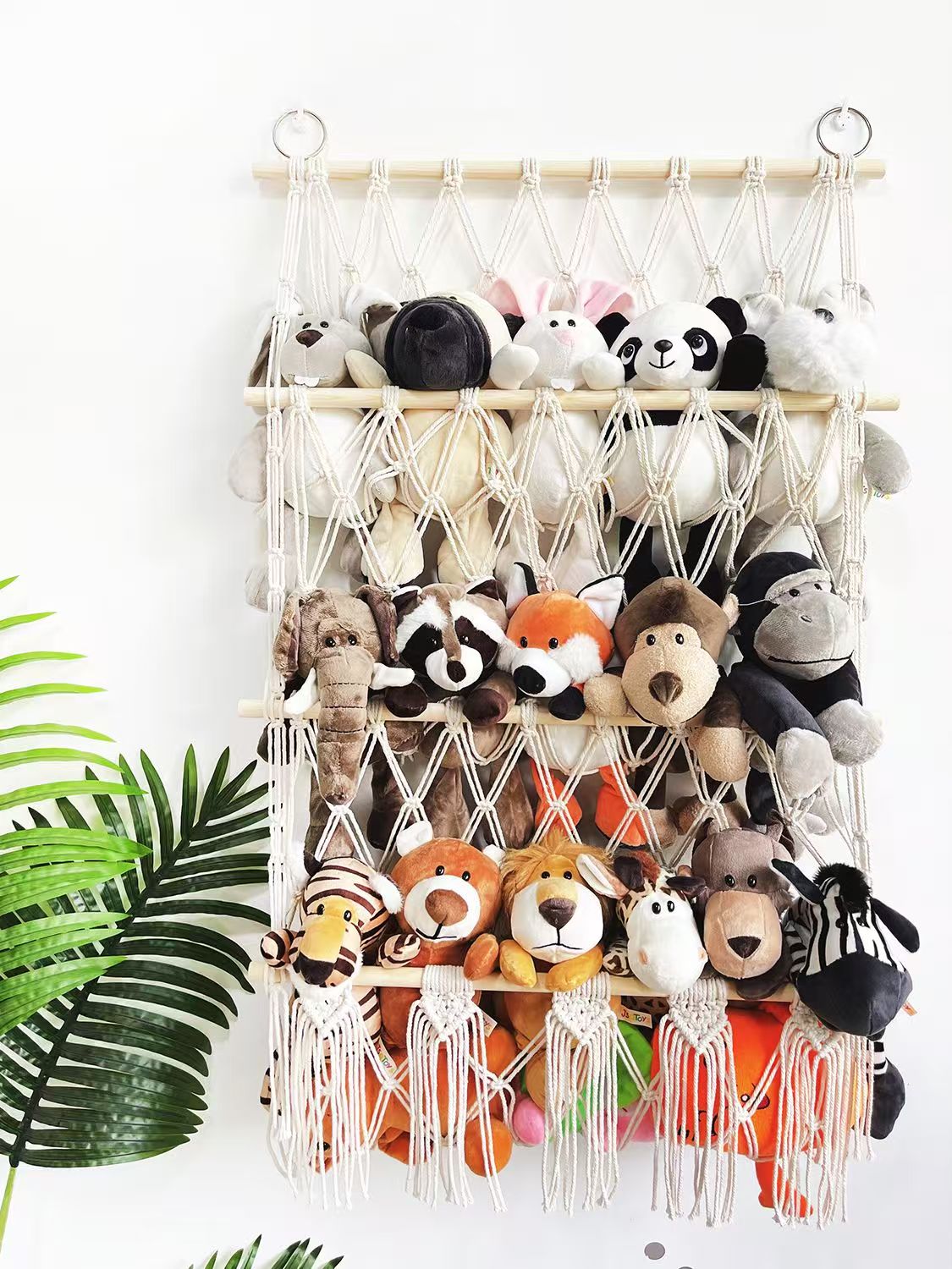 Nordic woven three-layer wooden stick toy storage, net bag shelf, Bohemian-style wall decoration tapestry, children's room, plush toy storage, practical and beautiful two-in-one home soft decoration