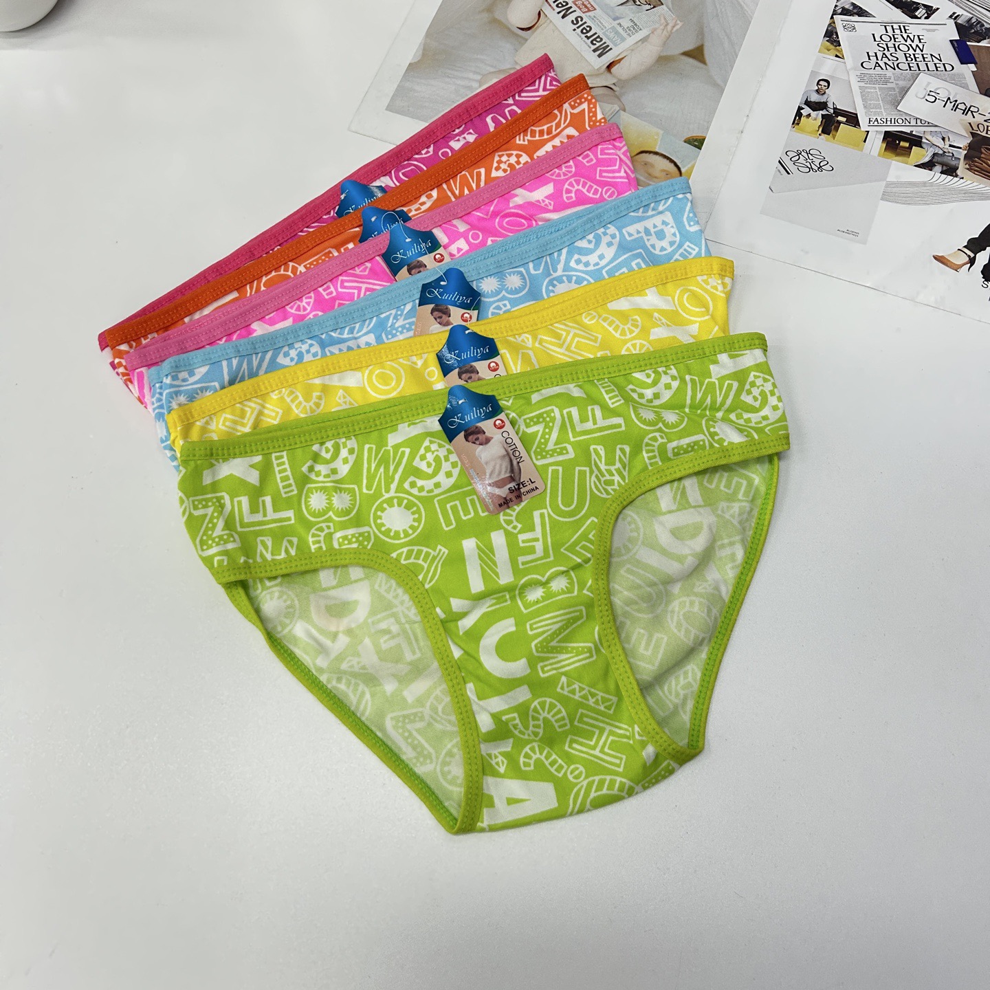 DD-603#L size mixed-color women's underwear, women's letter printed triangle pants, sexy milk silk underwear, export to Africa, QNI Specification drawing