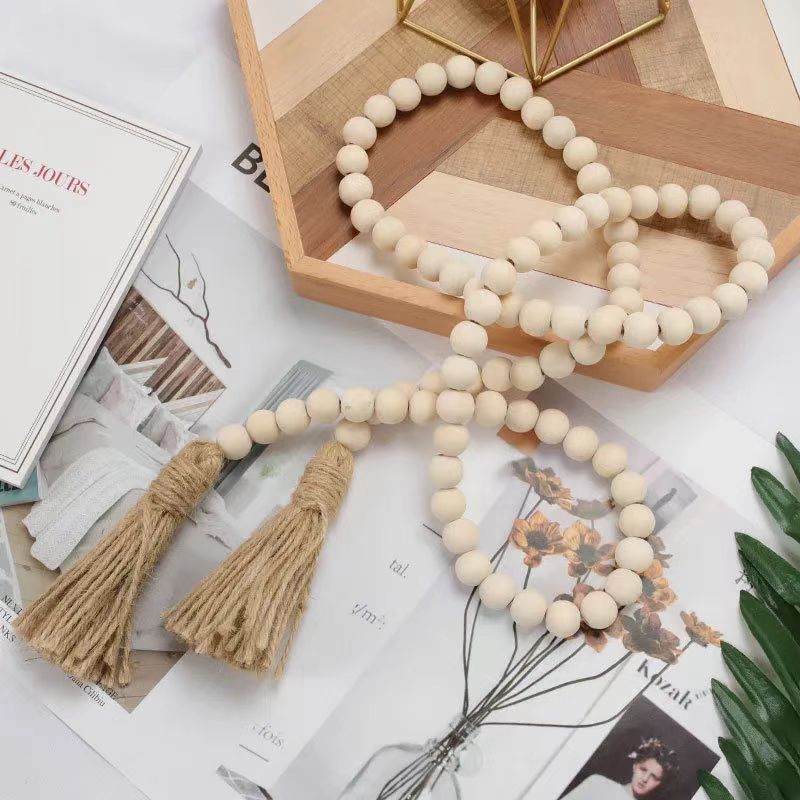 Ins-style natural wood color hemp rope, wood beads, tassel strings, home decoration pendants, hand-woven Bohemian-style wall hangers, living room, bedroom, homestay soft furnishings, atmosphere, photo props details Picture