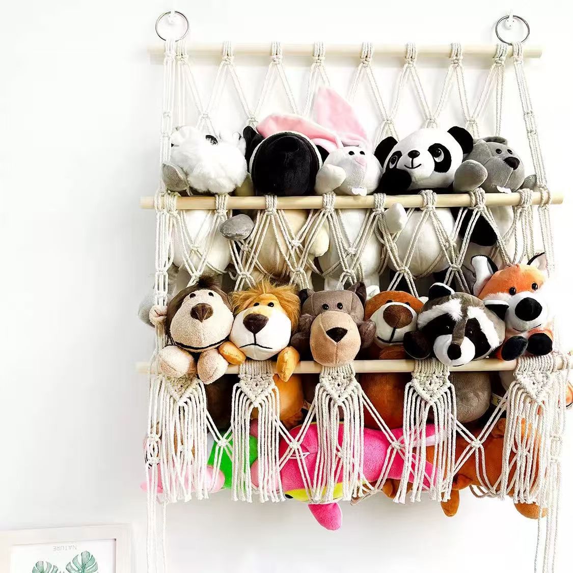 Simple doll storage rack, hand-woven cotton rope, doll storage net bag, two-layer woven flower style, Nordic-style wall decoration, children's room, plush toy storage wonder, home soft decoration great item
