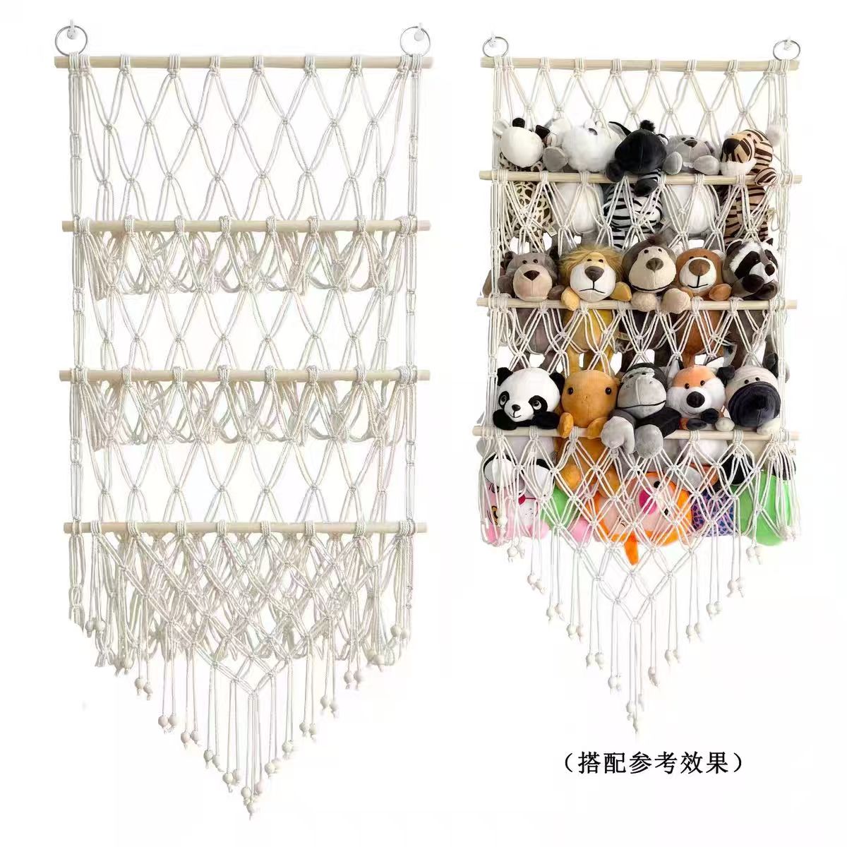 Nordic woven three-layer wooden stick toy storage, net bag shelf, Bohemian-style wall decoration tapestry, children's room, plush toy storage, practical and beautiful two-in-one home soft decoration details Picture