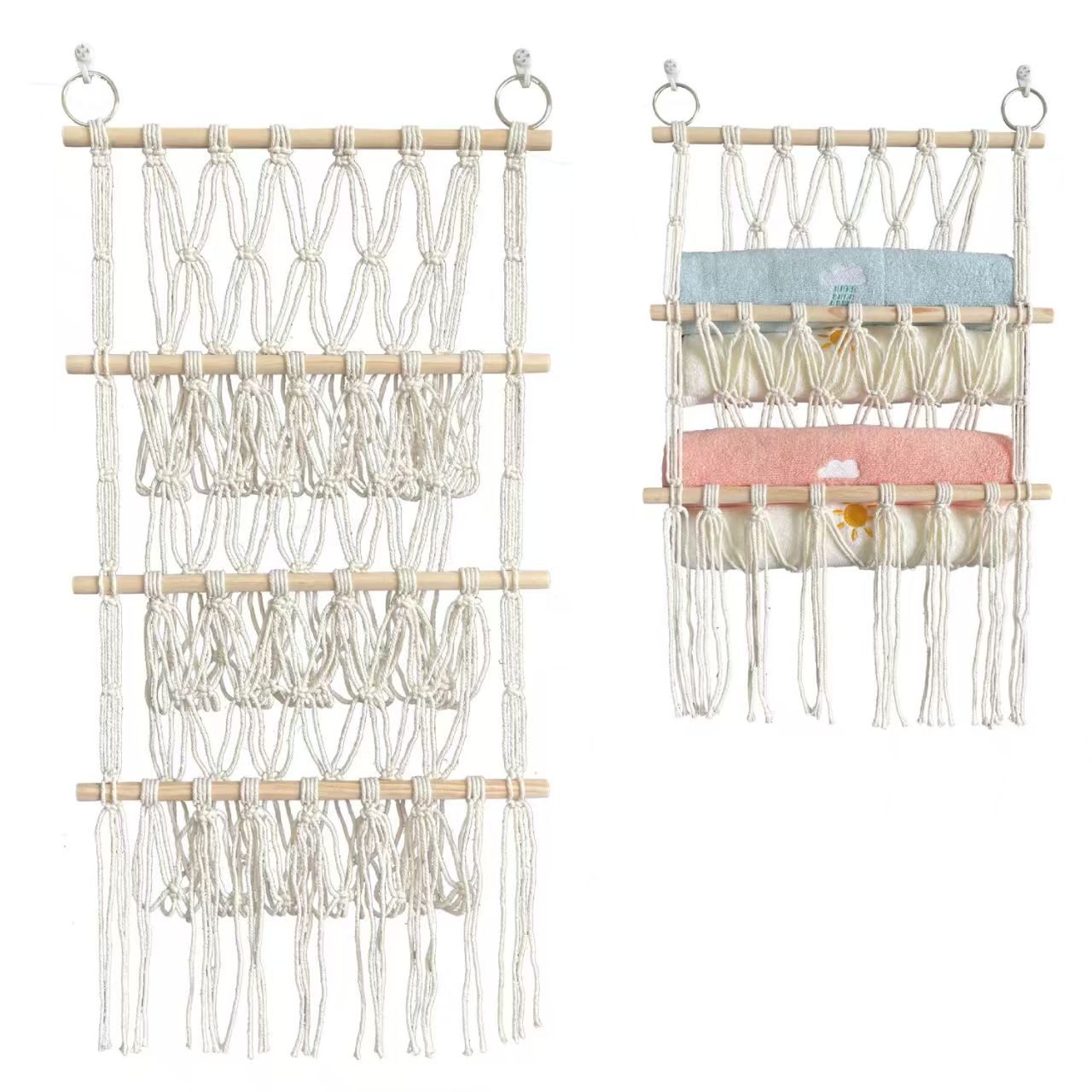Nordic-style hand-woven storage tapestry, made of natural wood poles and cotton ropes, integrates wall storage and decoration, enhancing the soft furnishing atmosphere and style of your home Item Picture