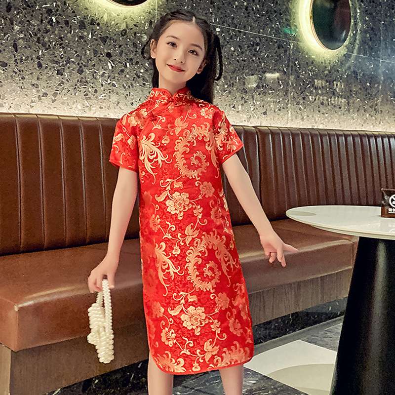 New Chinese-style children's cheongsam for summer, retro and stylish princess dress, Chinese-style embroidered dragon, phoenix, peony and plum blossom cheongsam undefined