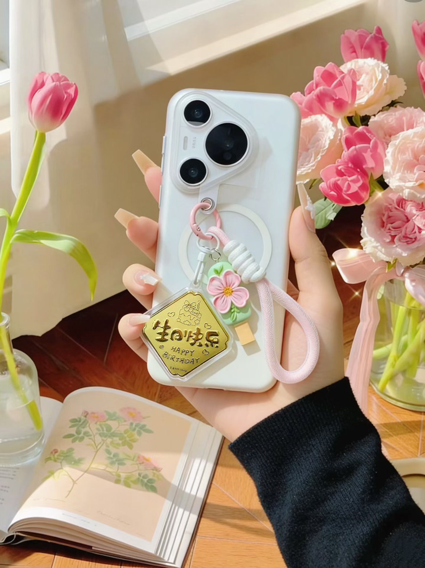 Because of you, I have always had spring and cherry blossoms 🌸 the spring breeze caresses the branches, pink and white cherry petals fall, paired with golden auspicious words. The little golden pieces are like crushed sunlight, shining on us, even the air is soaked pic 7