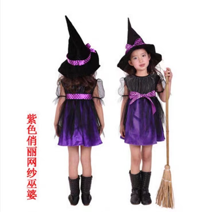 批发万圣节服装欧美儿童cosplay动漫服饰女巫角色扮演万圣节服饰 100-150㎝ 含帽子扫把