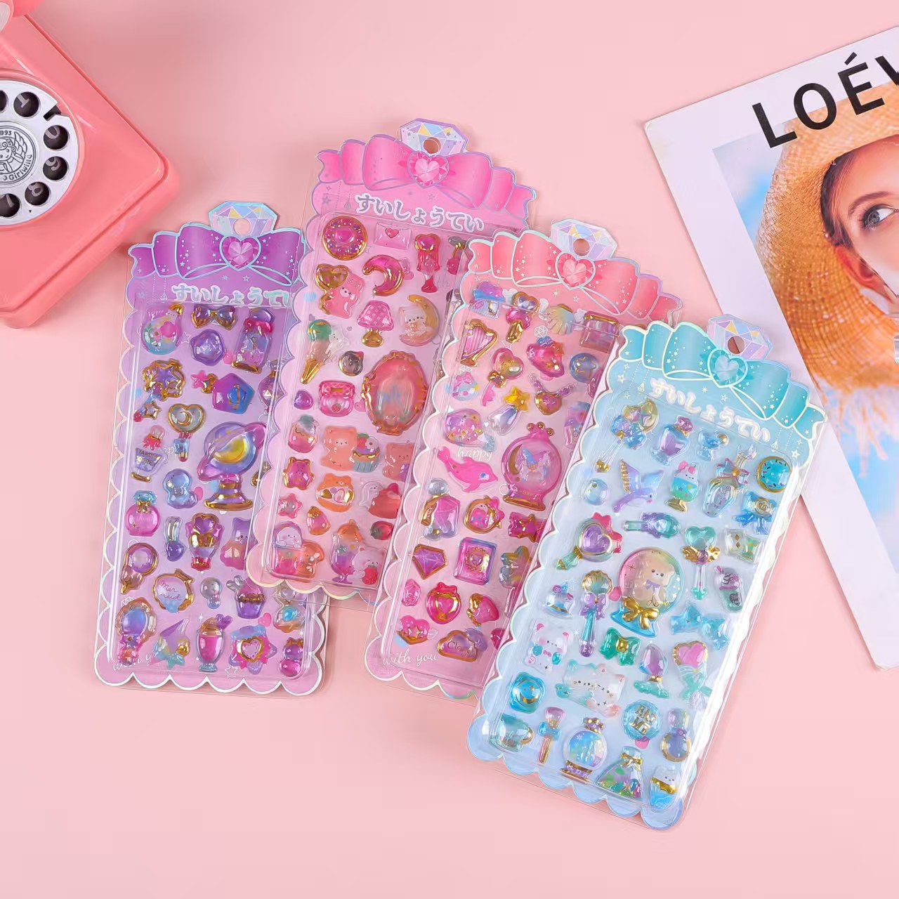 Cartoon 3D embossed gilded crystal three-dimensional sticker magic wand, cute animal life mobile phone embossed decorative sticker details Picture