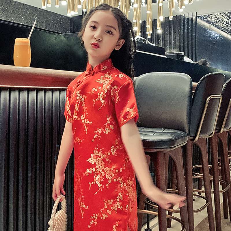 New Chinese-style children's cheongsam for summer, retro and stylish princess dress, Chinese-style embroidered dragon, phoenix, peony and plum blossom cheongsam undefined