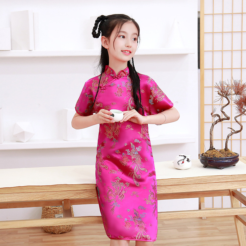 New Chinese-style children's cheongsam for summer, retro and stylish princess dress, Chinese-style embroidered dragon, phoenix, peony and plum blossom cheongsam undefined