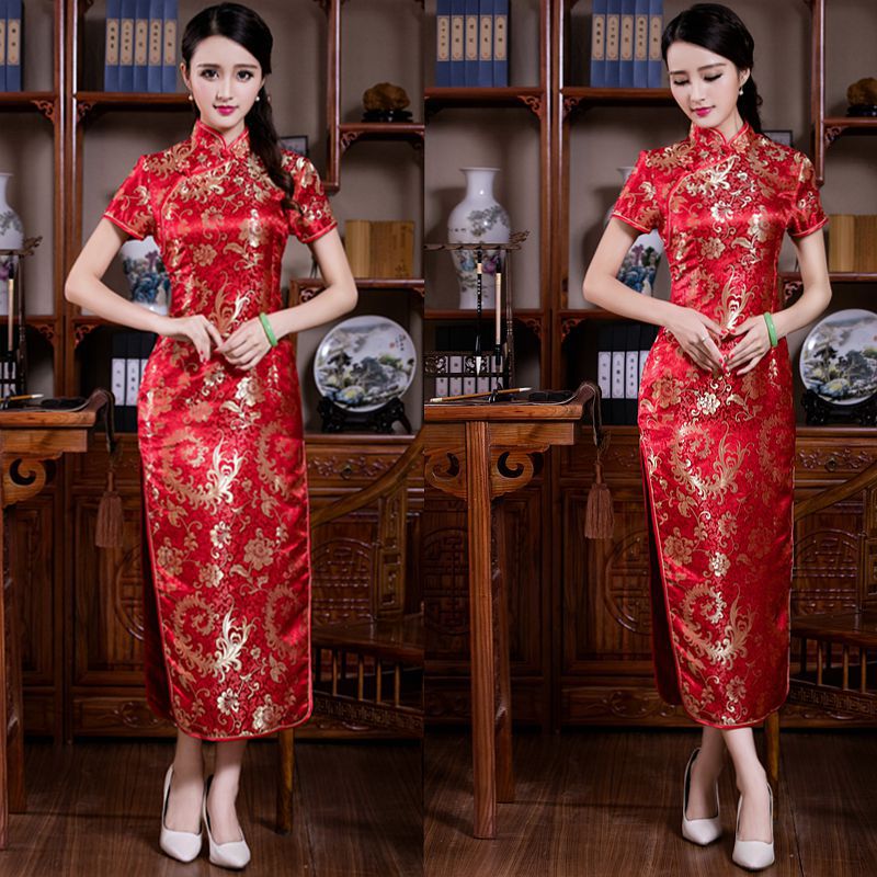 Chinese-style stand-up collar, slanted front, short-sleeved women's retro improved brocade, large-sized long cheongsam, embroidered cheongsam undefined