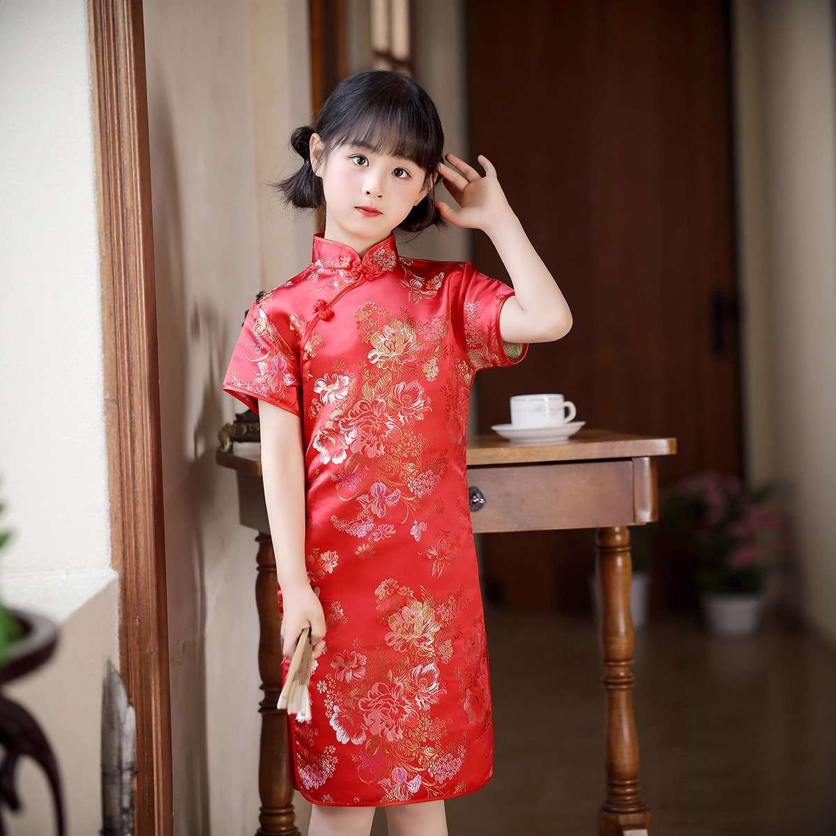 New Chinese-style children's cheongsam for summer, retro and stylish princess dress, Chinese-style embroidered dragon, phoenix, peony and plum blossom cheongsam details Picture