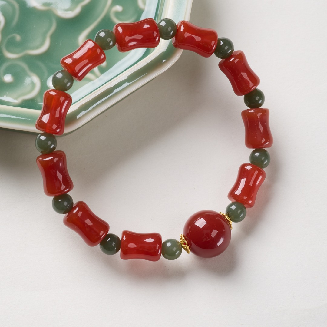 【 Yajinpei Jewelry 】 Red Agate Bamboo Joint Hetian Jade Interlaced Bracelet Bracelet Item Picture