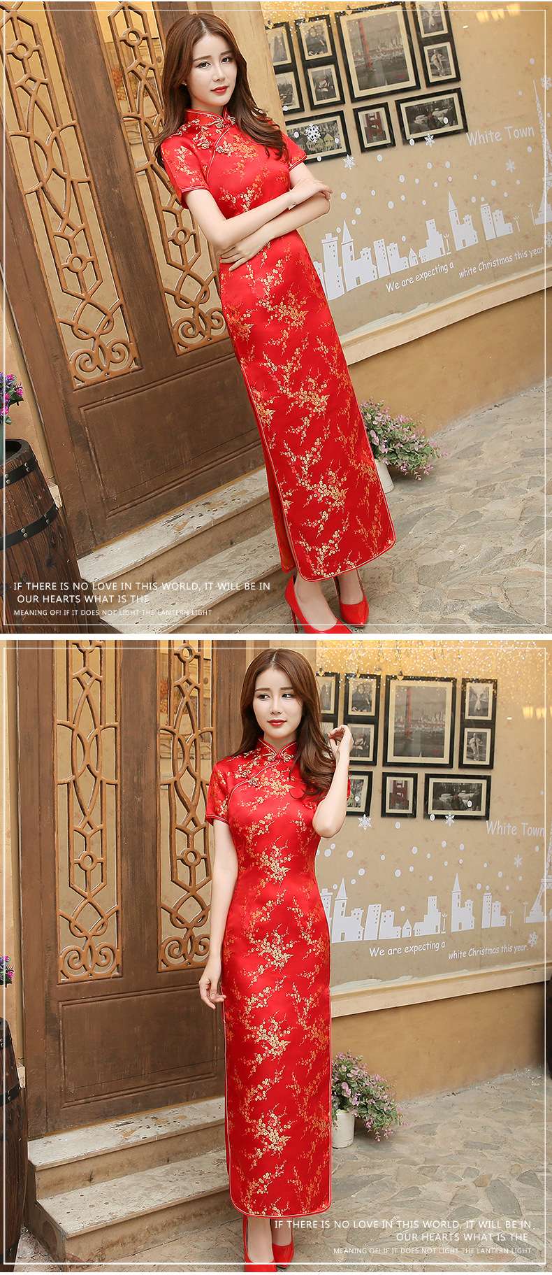 Chinese-style stand-up collar, slanted front, short-sleeved women's retro improved brocade, large-sized long cheongsam, embroidered cheongsam Specification drawing