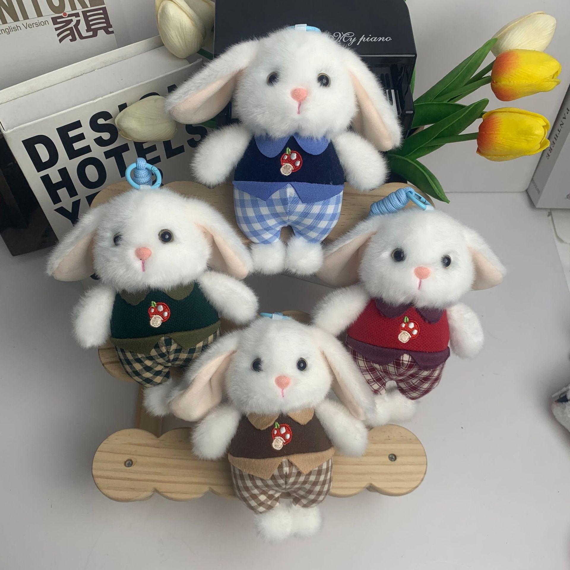 Check pattern Rabbit creative 4-inch plush pendant, claw machine doll, key pendant, car schoolbag pendant, gift, cartoon transformation keychain, dress-up doll pendant, plush toy, cute wholesale details Picture