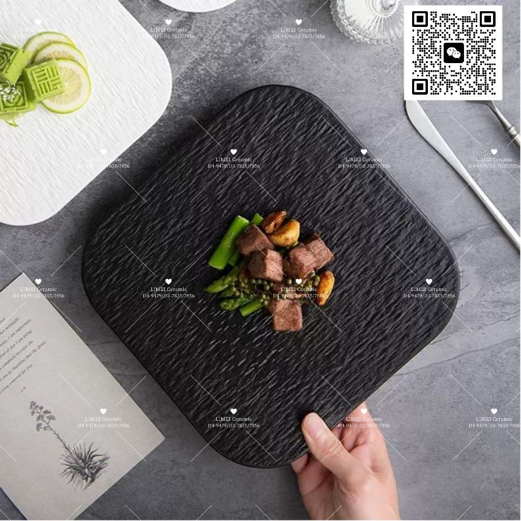 Limei Ceramic Nordic high-end stone-textured matte plate, simple hotel commercial Western-style steak plate, light luxury matte ceramic C138-641/642, available in pure black and white, factory direct sales details Picture