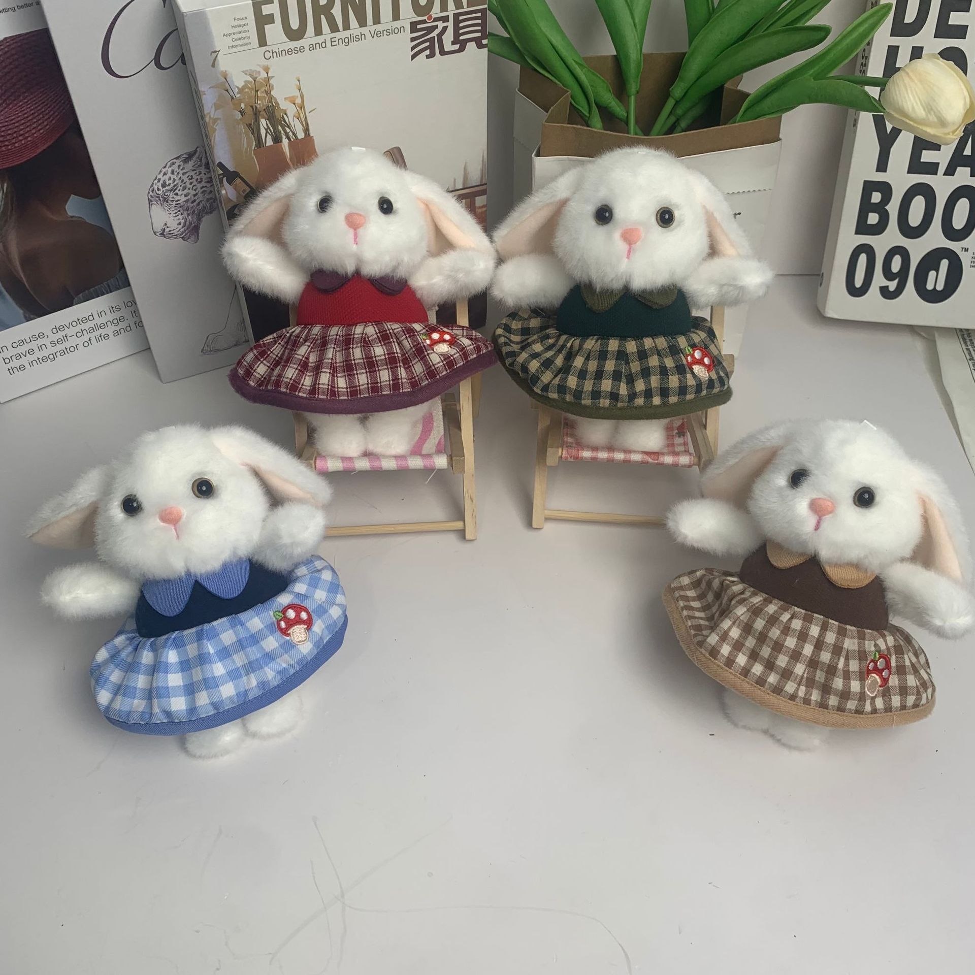 Check pattern Rabbit creative 4-inch plush pendant, claw machine doll, key pendant, car schoolbag pendant, gift, cartoon transformation keychain, dress-up doll pendant, plush toy, cute wholesale Specification image