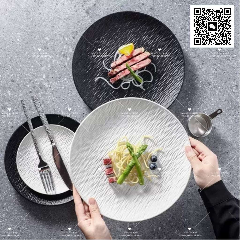 Limei Ceramic's matte stone-patterned ceramic plates exude a sense of luxury. Deep and light plates, large and medium steak plates, Nordic round plates are particularly attractive. Black Western-style plates, available in black and white, factory direct sales