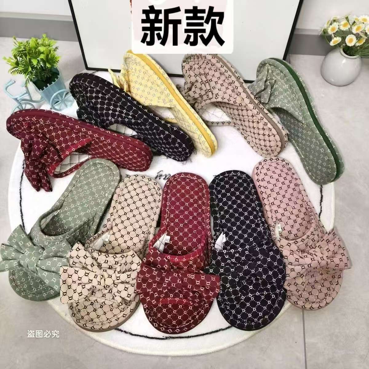 Bowknot fabric silent Home Lady washable slippers Letter fabric bottom slippers Home slippers Indoor slippers Cotton silent slipper