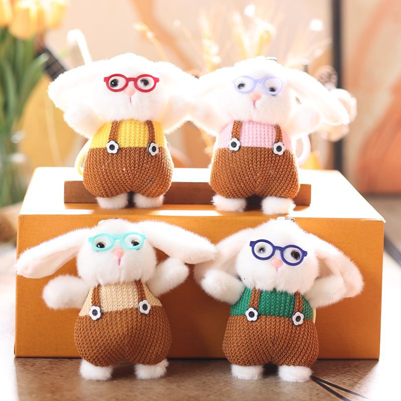 Knitted glasses rabbit creative 4-inch plush pendant, claw machine doll, key pendant, car schoolbag hanging decoration, gift, cartoon transformation keychain, dress-up doll pendant, plush toy, cute wholesale