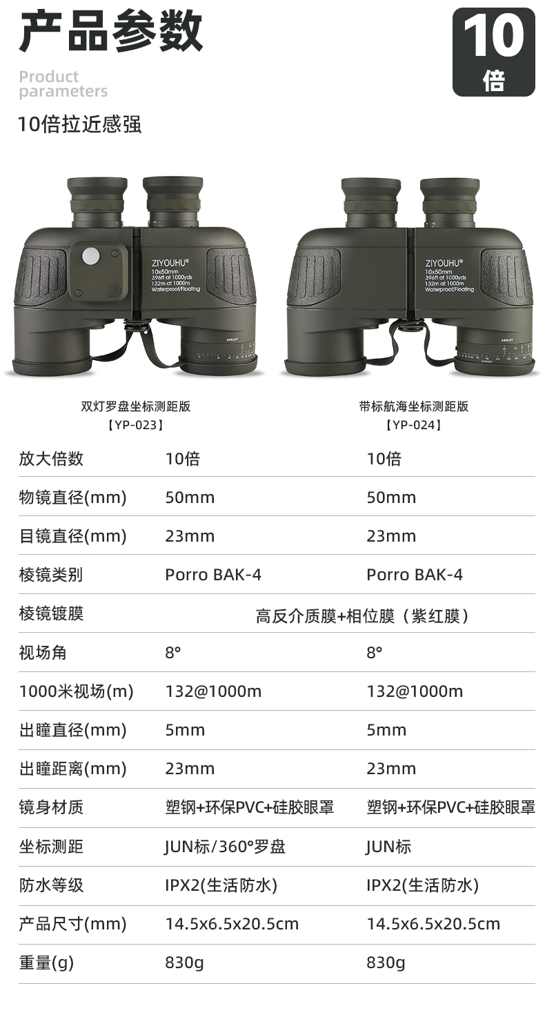 自由虎探界双筒望远镜10X50罗盘测距高清高倍防水航海户外寻蜂镜 pic 26