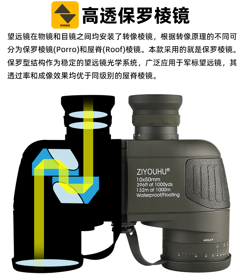 自由虎探界双筒望远镜10X50罗盘测距高清高倍防水航海户外寻蜂镜 pic 18