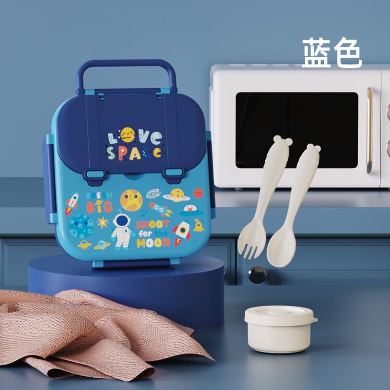 Cartoon food-grade PP lunch box with hand-held tableware, special compartments for primary school boys Specification drawing