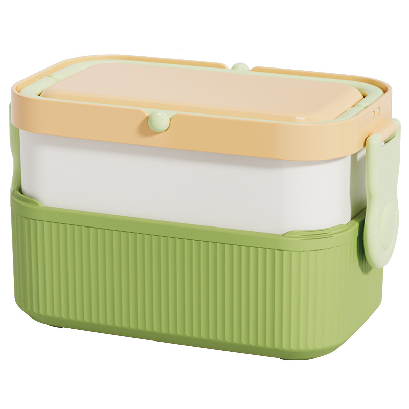 Double-layer portable bento box with fork and spoon integrated tableware, portable picnic compartments for students and office workers full figure