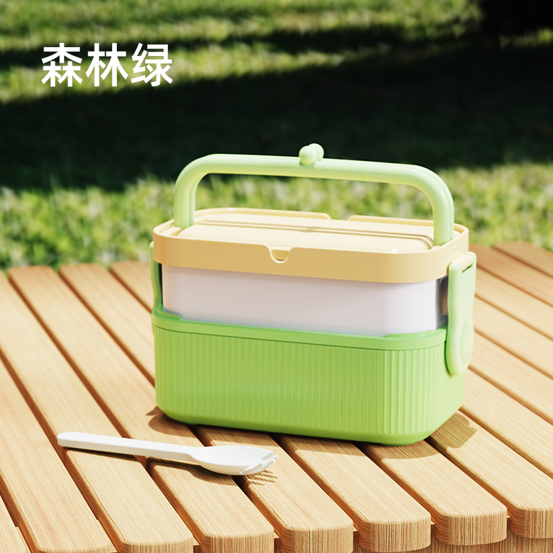 Double-layer portable bento box with fork and spoon integrated tableware, portable picnic compartments for students and office workers Specification drawing