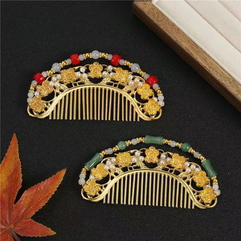 National trend golden flower pearl hair comb, main comb, hair accessory, headwear, wedding hair accessory, whole box, telephone line, rubber band details Picture
