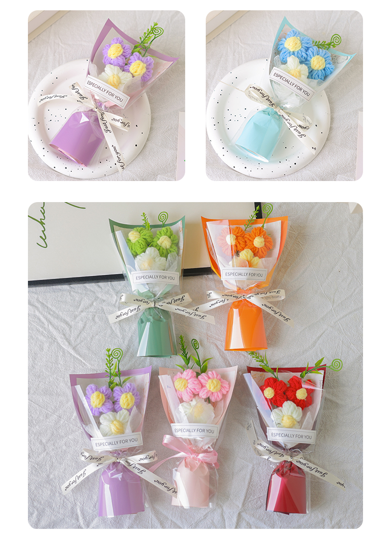 毛线mini小清新泡芙花束手工钩织伴手礼幼儿园活动小礼品批发跨境妇女节女神节仿真毛线花束教师节成品针织花束详情4