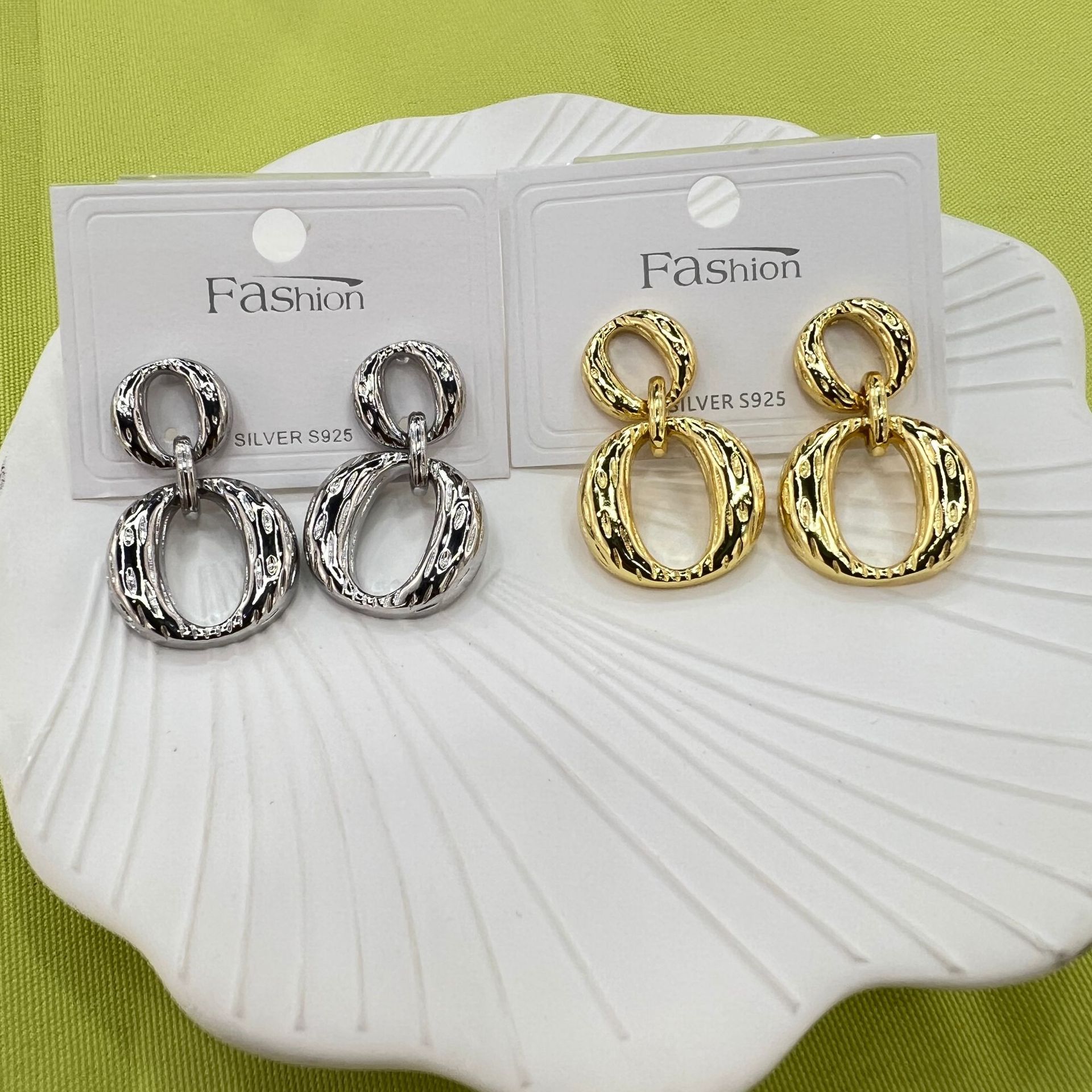 925 silver needle French irregular double ring earrings, simple smooth stud earrings, cold and elegant style earrings for women