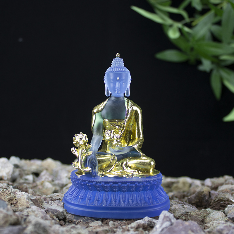 蓝色透明佛像财神像树脂神像水琉璃摆件家居装饰工艺品树脂佛像佛像摆件药师佛贴金款11CM高