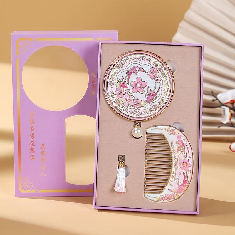 A pink flower-patterned makeup mirror and comb gift box with a national trend, featuring faux tulips, crocheted decorations, artificial flowers, woolen yarn and sunflowers