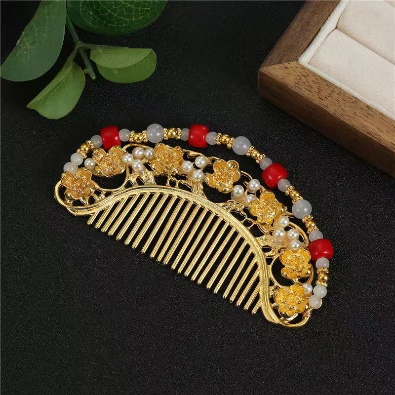 National trend golden flower pearl hair comb, main comb, hair accessory, headwear, wedding hair accessory, whole box, telephone line, rubber band Specification image