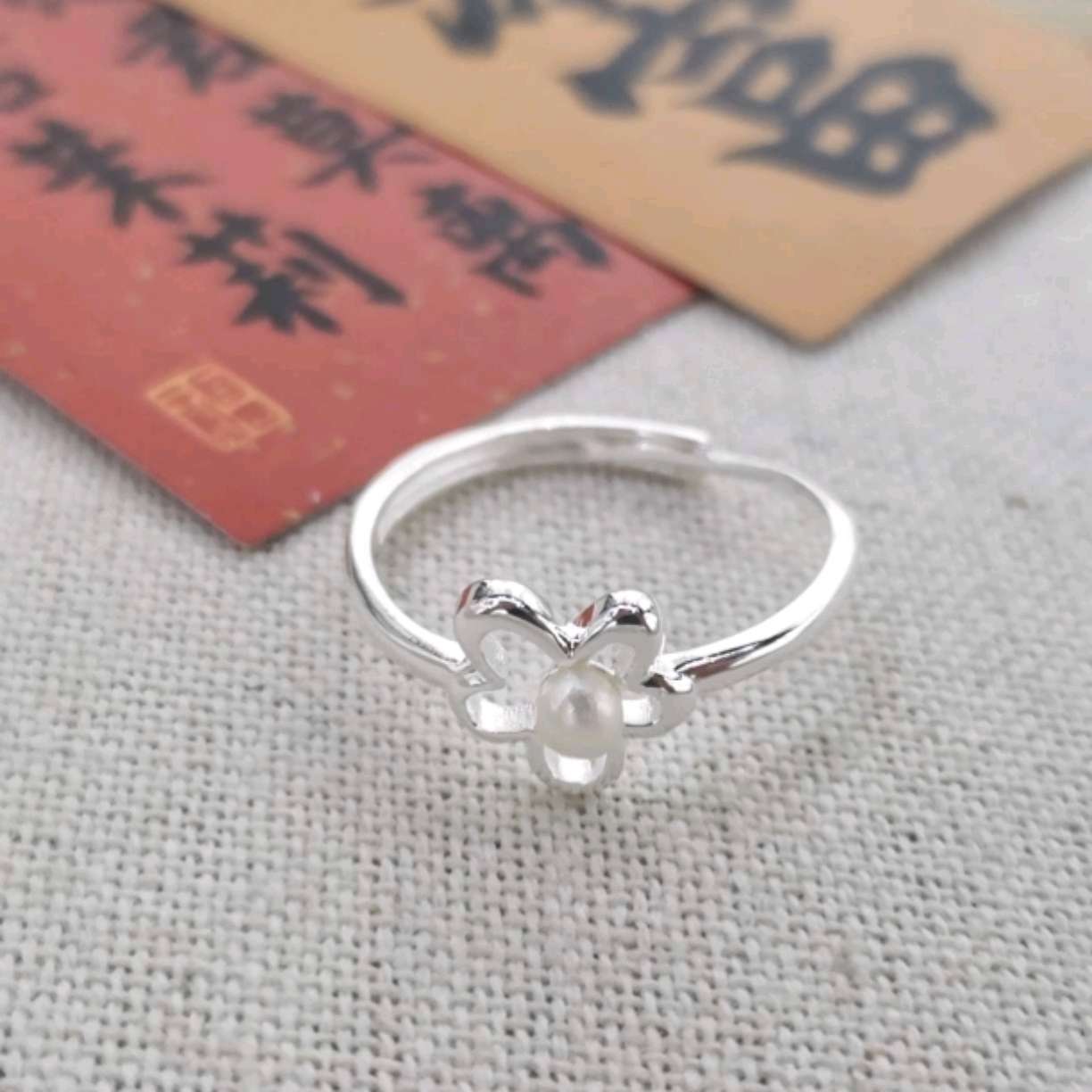 990 pure silver light luxury niche design index finger ring flower pearl ring for women detail image 5
