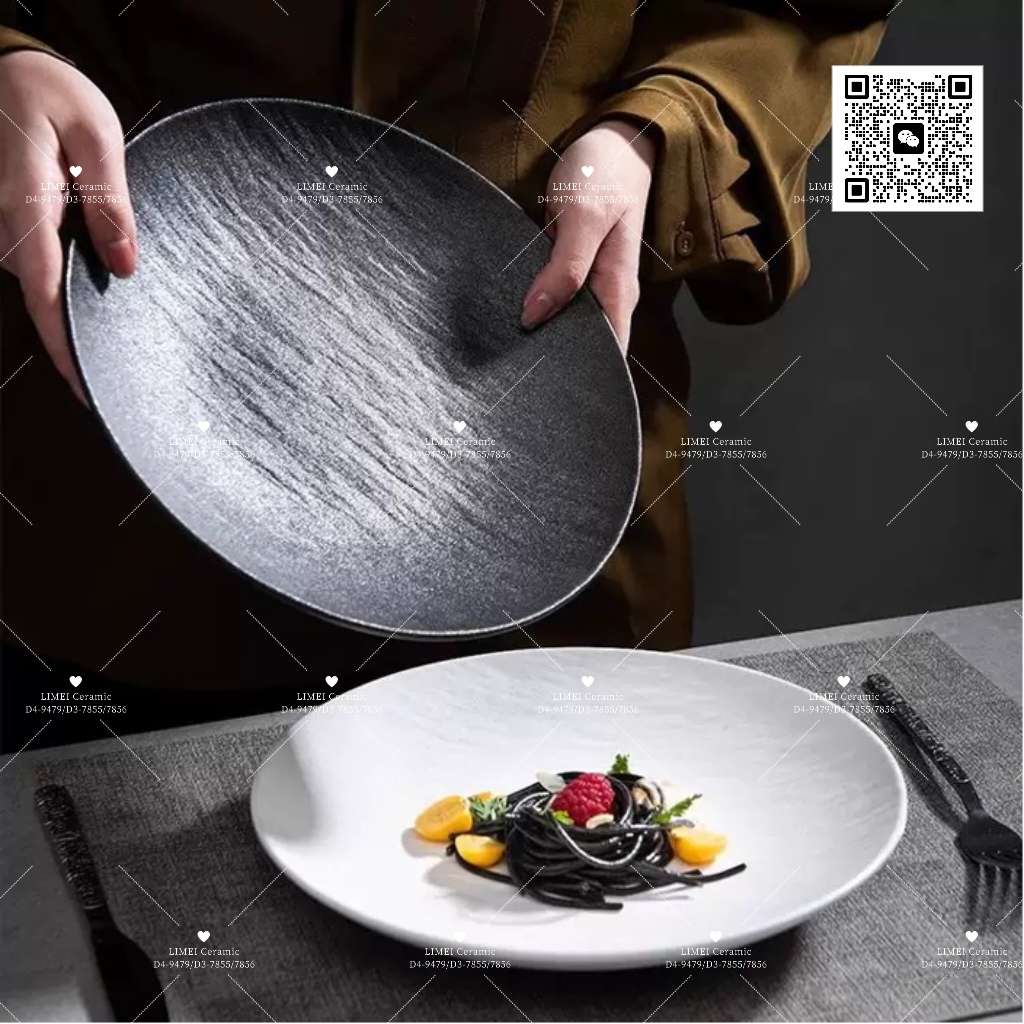 Limei Ceramic's matte stone-patterned ceramic plates exude a sense of luxury. Deep and light plates, large and medium steak plates, Nordic round plates are particularly attractive. Black Western-style plates, available in black and white, factory direct sales Specification image