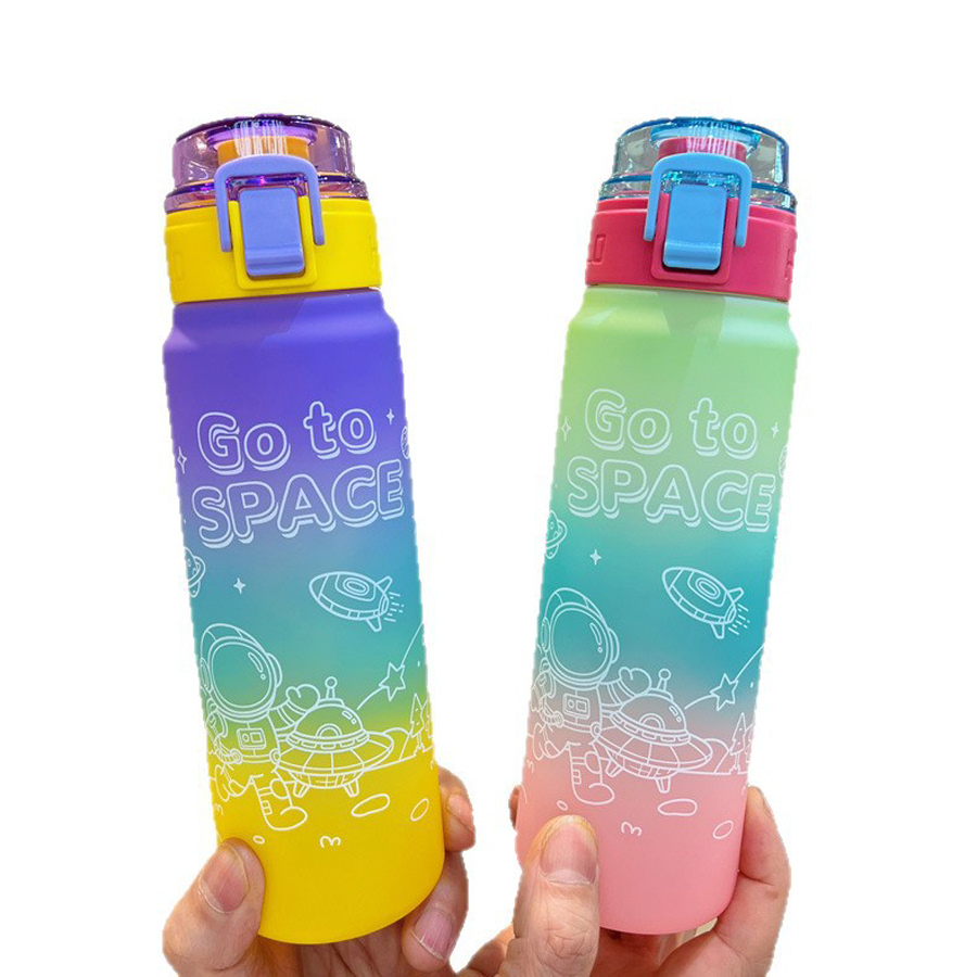 Gradient frosted space-themed sports water cup, astronaut rocket "Go to SPACE" pop-up lid cup, student portable leak-proof casual cup, childlike fun, high appearance level outdoor water bottle