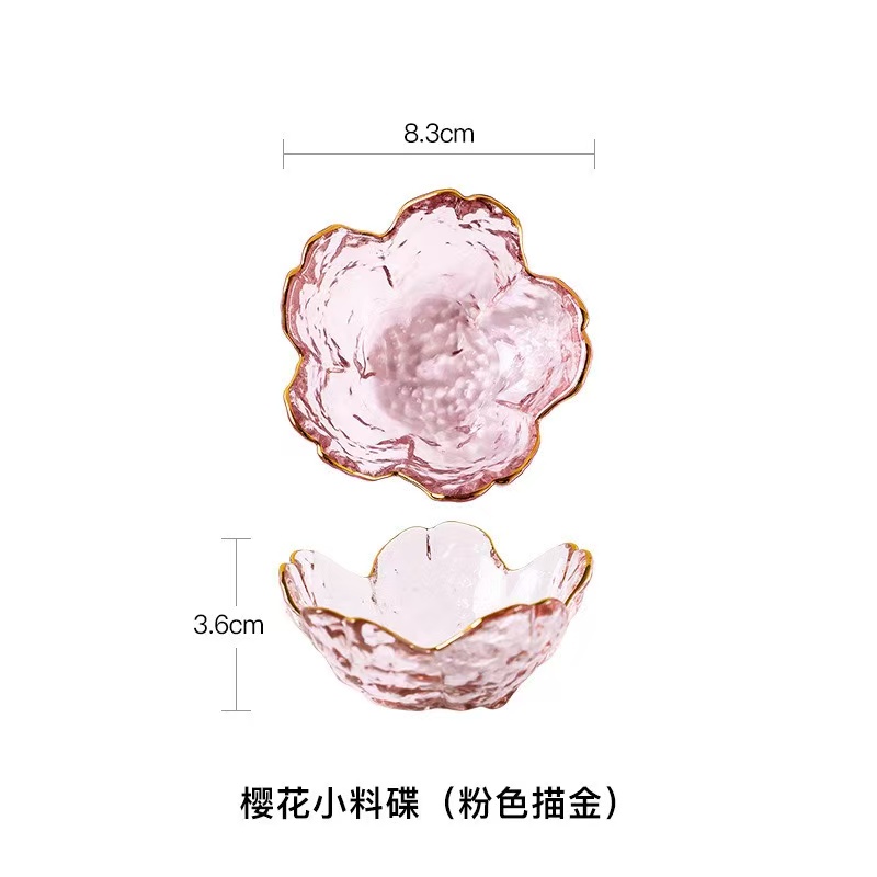 Japanese-style colored glass cherry blossom plate, creative pink home seasoning dipping sauce plate, soy sauce plate, bowl and tableware set Item Picture