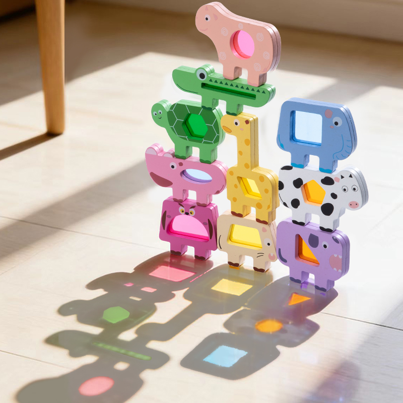10PCS Animal Jenga building blocks, light and shadow shape recognition, children's early education and intelligence toys, solid wood assembly, concentration training, transparent acrylic building blocks, balanced stacking game full figure