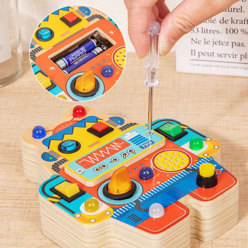 Color electronic busy robot, children's gift person, LED power switch recording, baby Montessori early education intelligence busy board, wooden toy Application Scenario