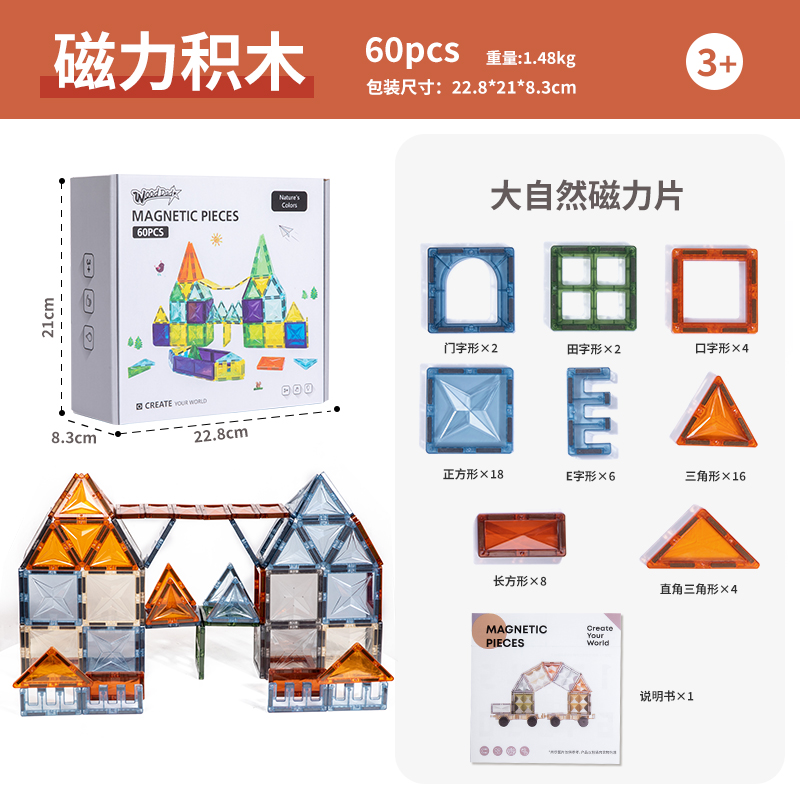 60PCS magnetic building blocks, color transparent magnetic assembly, intelligence building blocks, castle model, magnetic sheets, magnetic toys, translucent window assembly building blocks, natural color diamond surface magnetic sheets, large color Windows, super strong magnetism Application Scenario