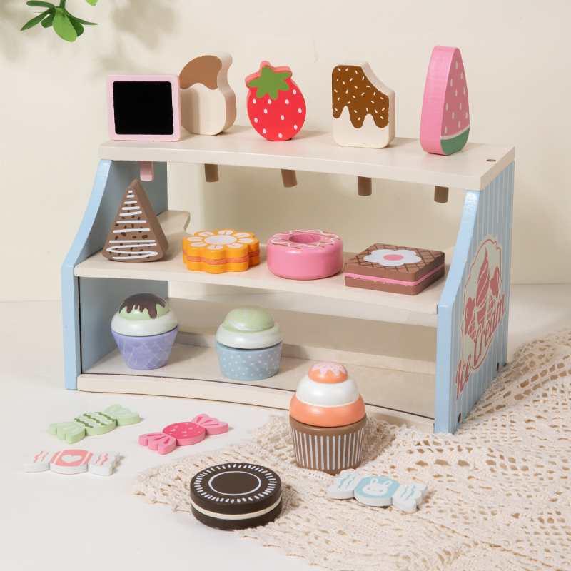 The ice cream vending counter is made of wood for playing house. It's a corner for children, parents and toddlers in the park. There are interactive role-playing toys. The wooden simulation ice cream store is selling house toys. The dollhouse is a miniature food play scene made of wood Specification drawing