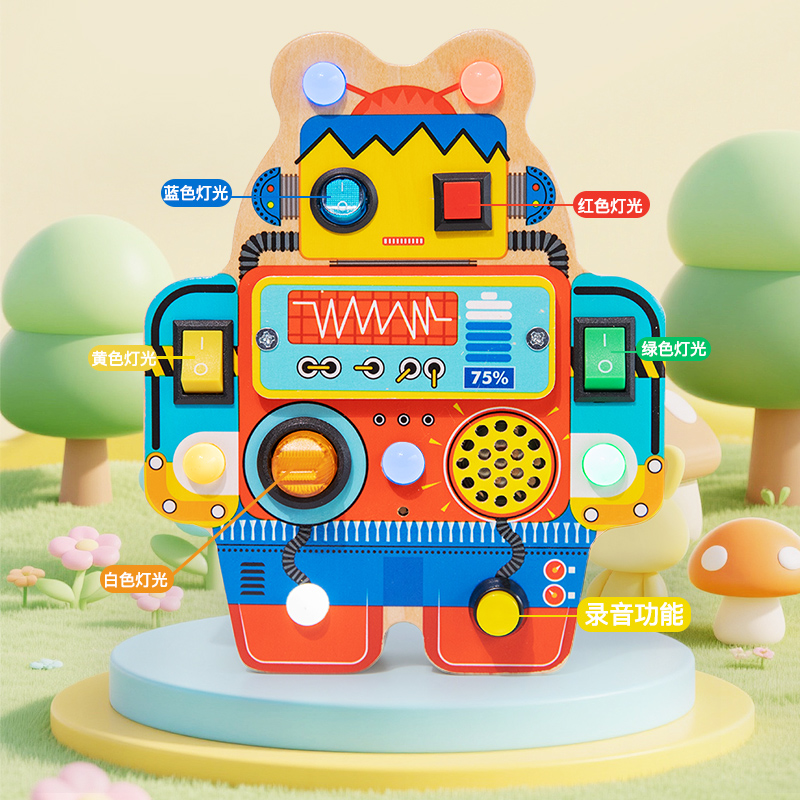 Color electronic busy robot, children's gift person, LED power switch recording, baby Montessori early education intelligence busy board, wooden toy details Picture