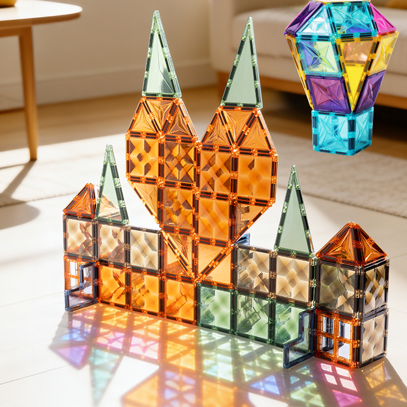 100PCS Ferris wheel magnetic building blocks, colorful transparent magnetic assembly, intelligence building blocks, castle model magnetic sheets, magnetic toys, translucent window assembly building blocks, natural color diamond surface magnetic sheets, large color Windows, super strong magnetic full figure