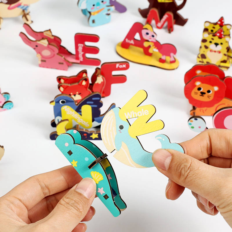 3D Animal letter jigsaw puzzle, wooden, 3-6 years old children's early education DIY assembly and assembly 3D stereoscopic jigsaw puzzle, 26-letter fun animal educational cognitive children's educational toy details Picture