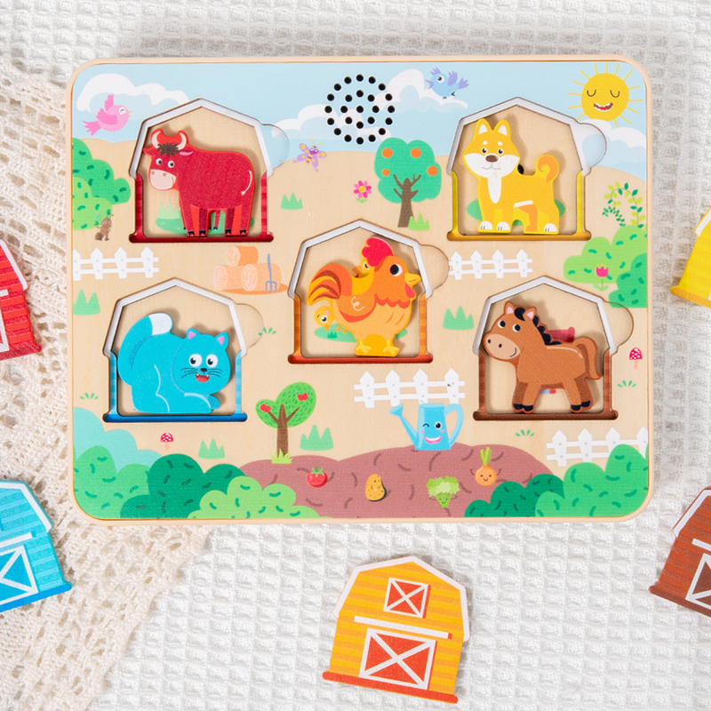 Three-layer animal sound matching puzzle, children's wooden farm animal puzzle toy, children's wooden sound puzzle, animal sound matching puzzle board, baby's early education and intelligence toy Specification drawing