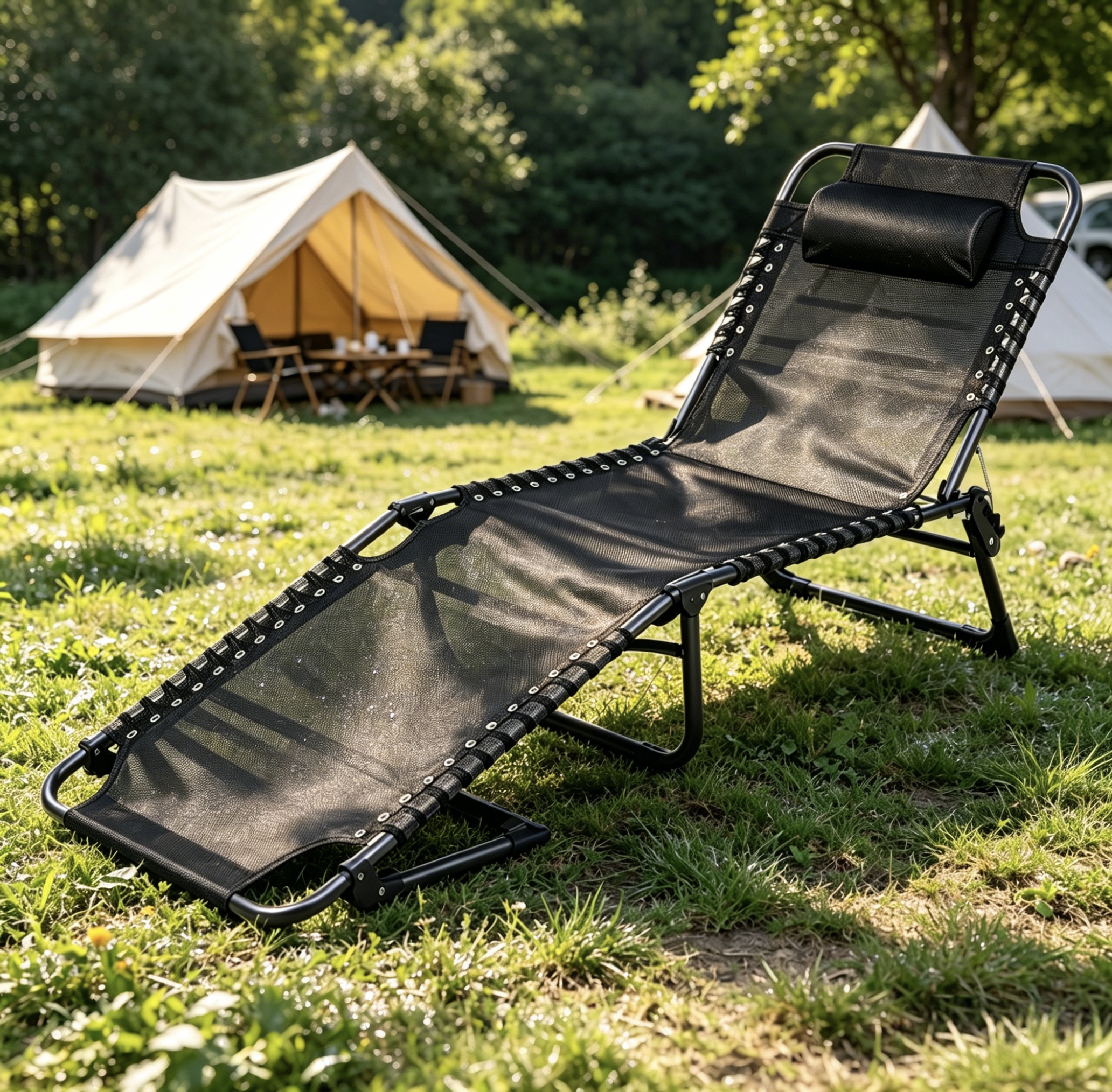 Black folding lounge chair, outdoor main folding chair, folding sofa, camping lounge chair