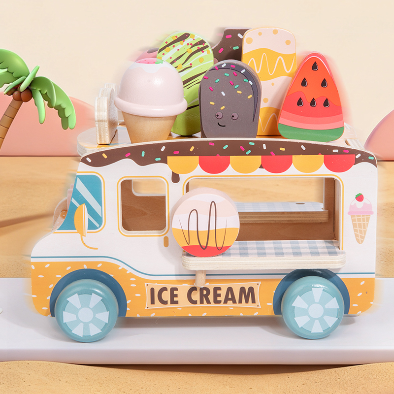 Eight major institution certificates, ice cream store selling cart, cute model, science education toy, wooden simulation ice cream cart, small store, house play toy, educational parent-child interaction building blocks, boy and girl gifts Item Picture