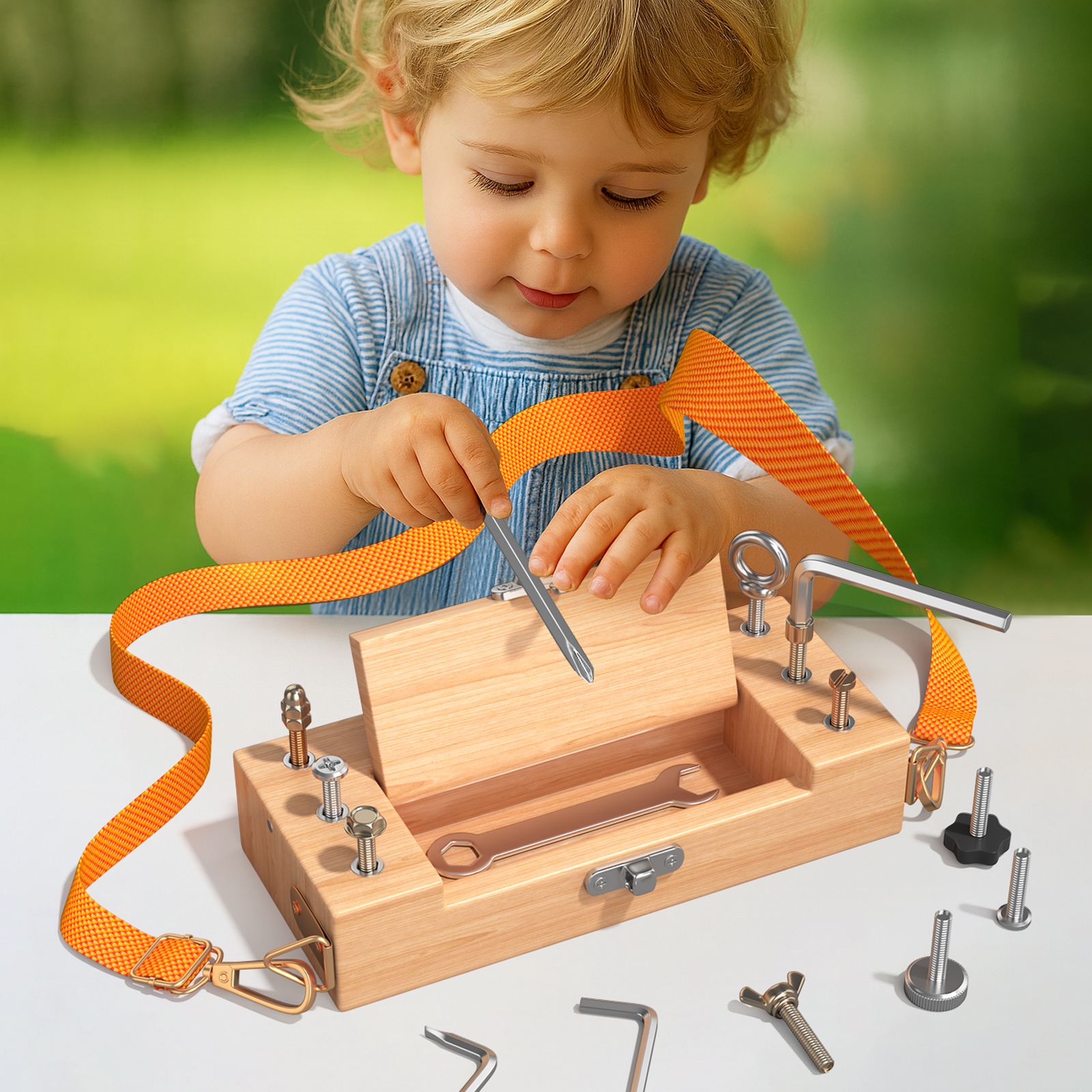 CPC CE Nut Tool Box, Montessori Children's Screwdriver Set, portable shoulder strap learning sensory early education toy, wooden Montessori screw combination, disassembly and assembly nut tool box, early education and intelligence toy details Picture